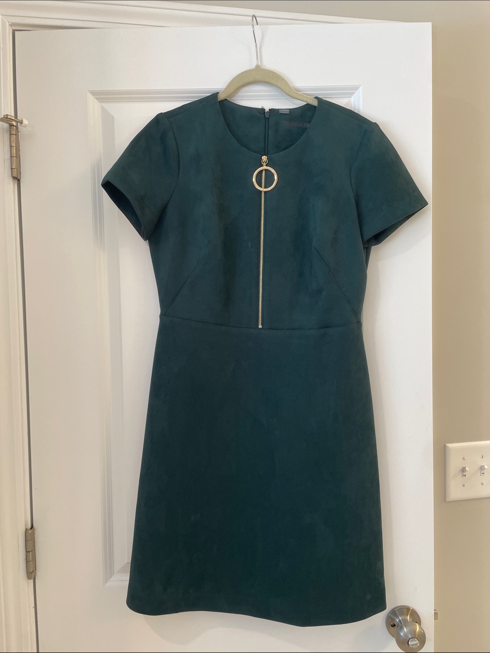 Calvin Klein Teal Short-Sleeve Sheath Dress with Gold Ring Zip, Size 8